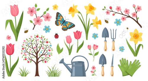 Colorful Spring Garden Elements: Flowers Tools Butterfly and Tree.