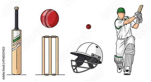 Cricket Sports Equipment and Player Illustration.