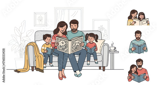 Family Reading Together on Sofa: Parents and Children Enjoying a Storybook.