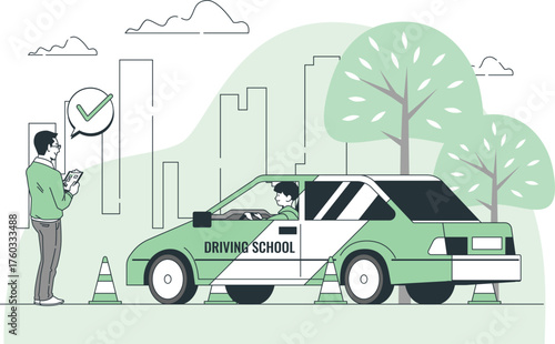 Driving school instructor observing student in car with checkmark and cones vector illustration