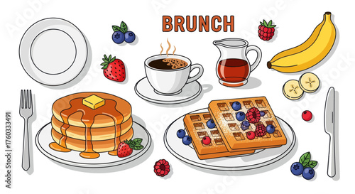 Delicious Brunch Illustration with Pancakes Waffles Fruit and Coffee Perfect for a Relaxing Morning Meal.