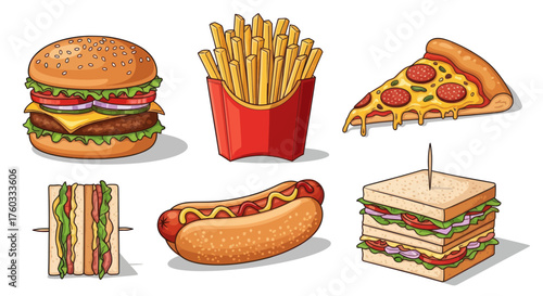 Delicious Hand-Drawn Fast Food Set: Burger Fries Pizza Hot Dog Sandwiches.