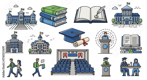 University and Education Icons: Buildings Books Graduation Cap and Students.