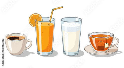 Assorted Beverages: Coffee Orange Juice Milk and Tea in Glassware.