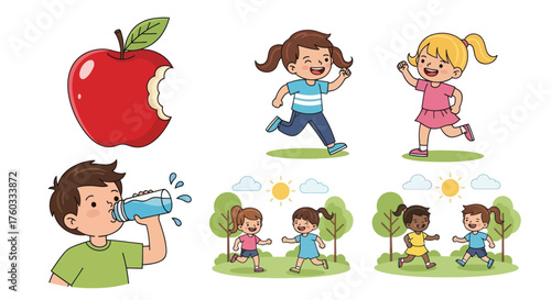 Happy Cartoon Children Playing Running Drinking Water and Eating Healthy Apple.