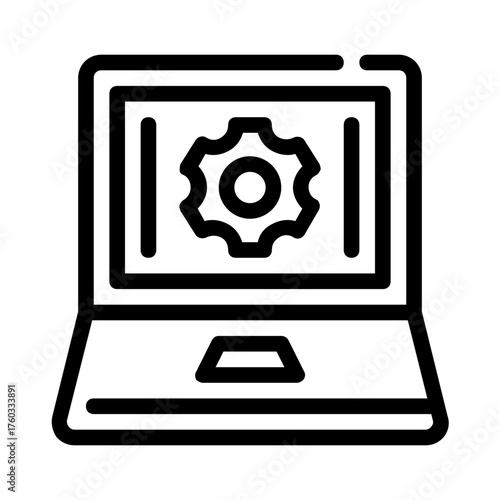 Laptop displaying a gear icon, symbolizing technology, innovation, and digital development. Perfect for tech blog posts or it concepts.
