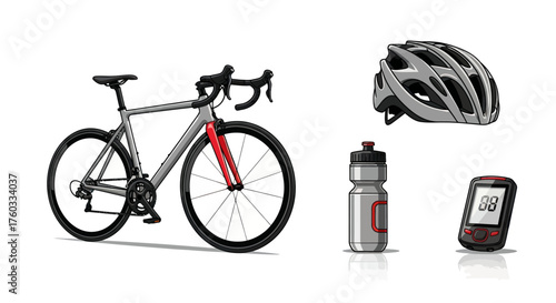 Sleek Silver Road Bicycle with Red Fork and Cycling Accessories.