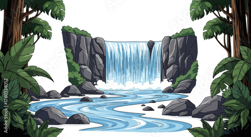 Scenic Waterfall Landscape with Lush Greenery and Rocky Cliffs.