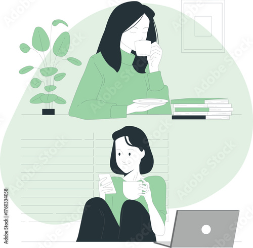 Two Women Enjoying Drinks and Using Devices in a Home Setting woman coffee