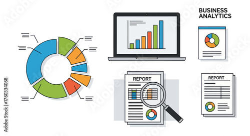 Colorful Business Analytics Charts and Reports Illustration.