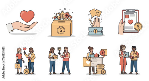 Charity and Donation Icons Collection with People Hands and Money.