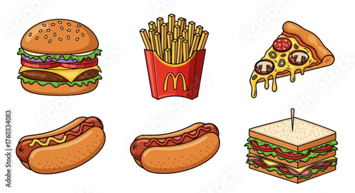 Assortment of Fast Food: Burger Fries Pizza Hot Dogs and Sandwich.