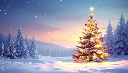 A snow-covered winter scene with a lit Christmas tree decorated with ornaments and a star, with snowy pine trees under a sunset sky