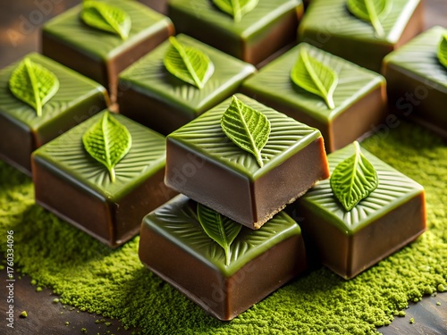 Delicious matcha chocolate squares decorated with green leaves, arranged on a bed of matcha powder