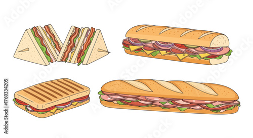 Hand-drawn Illustration of Various Delicious Sandwiches Collection.