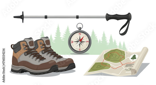 Hiking boots compass map and trekking pole for outdoor adventure.