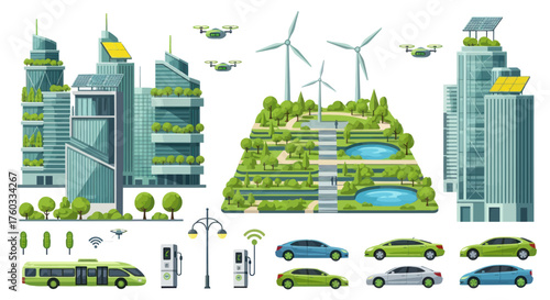 Sustainable City Illustration with Green Buildings Wind Turbines and Electric Vehicles.