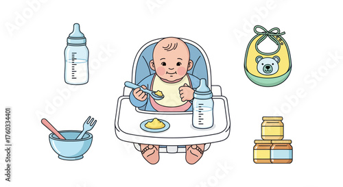 Cute baby in high chair eating surrounded by feeding bottles bib and food jars illustration.