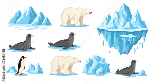 Cartoon Polar Bears Seals Penguins and Icebergs Set.