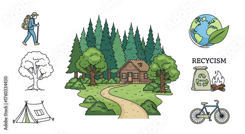 Hand-drawn illustration of a cabin nestled in a forest with a path.