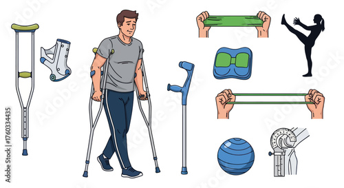 Man with Crutches and Rehabilitation Equipment for Recovery.