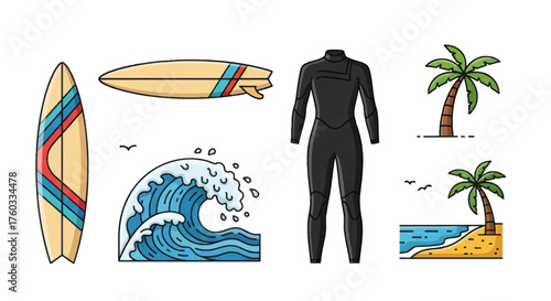Surfing Equipment and Tropical Beach Scene Illustration.