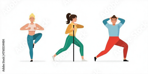 Diverse individuals embracing fitness with bodyweight exercises and light weights on a clean white