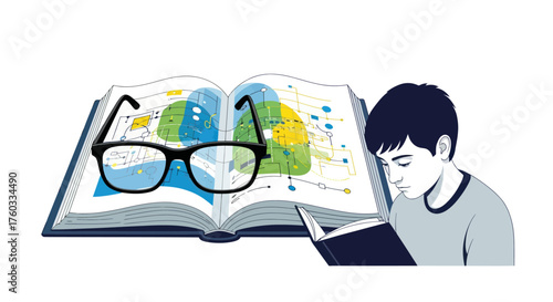 Illustrated Young Boy Reading Book with Eyeglasses on Open Educational Text.