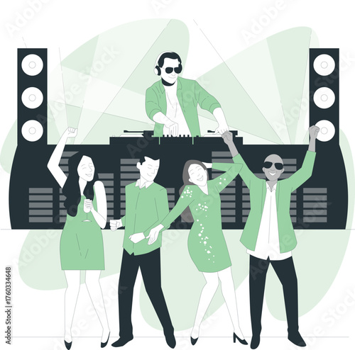 DJ plays music for dancing partygoers in a club with speakers and equalizer background vector illustration