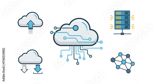 Digital Cloud Technology Icons Set with Data Transfer and Network Connections.