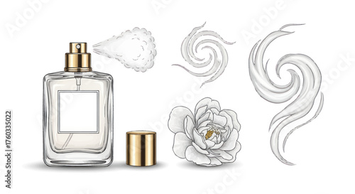 Elegant Perfume Bottle with Golden Cap and Floral Scent Illustration.