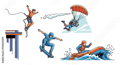 Dynamic Action Sports Illustrations Featuring Bungee Jumping Skydiving Skateboarding and Surfing.