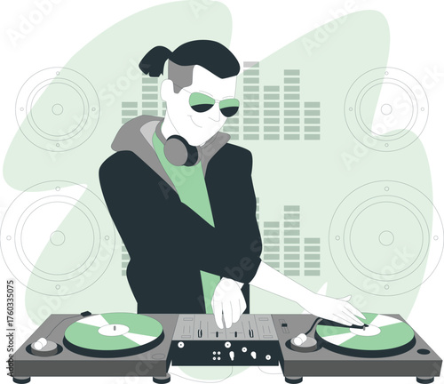 Male DJ wearing sunglasses and headphones plays music on turntables with speakers and equalizer background