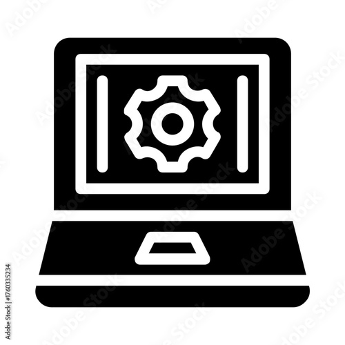 Laptop displaying a gear icon, symbolizing technology, innovation, and digital development. Perfect for tech blog posts or it concepts.
