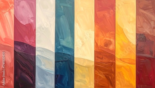 A spectrum of rectangular swatches displays an array of hues, from warm reds to cool blues, rendered in textured brushstrokes