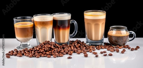 Glassware filled with cappuccino, americano, latte macchiato, and coffee beans on a reflective black surface,  reflection,  latte macchiato