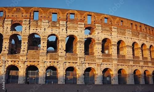 Ancient Roman Colosseum Amphitheater Arches Illuminated by Golden Sunset Light rome