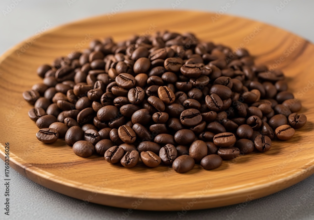 Fototapeta premium Roasted Coffee Beans on a Wooden Plate Perfect for Cafes and Coffee Shops
