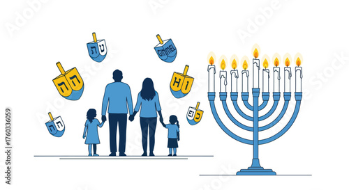 Family Celebrating Hanukkah with Menorah and Dreidels.