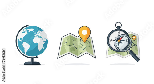 Globe Map with Location Pin and Compass with Magnifying Glass Icon Set.
