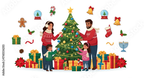 Happy family decorating festive Christmas tree with gifts and ornaments.