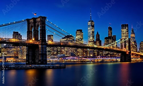Brooklyn Bridge and Manhattan Skyline Illuminated at Dusk Over Water new york city