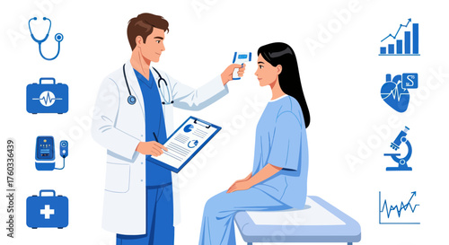 Doctor using infrared thermometer to check patients temperature during medical examination.