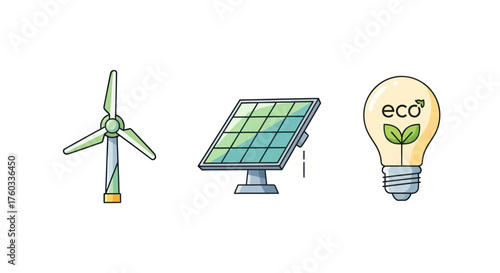 Renewable Energy Icons: Wind Turbine Solar Panel and Eco Light Bulb.