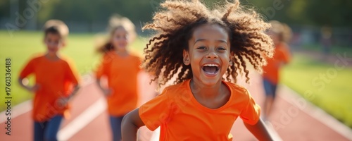 Happy girl runs on track with friends on sports day. Excited kids enjoy healthy activity in outdoor youth athletic event. They wear orange t-shirts. Fun dynamic spirited movement.
