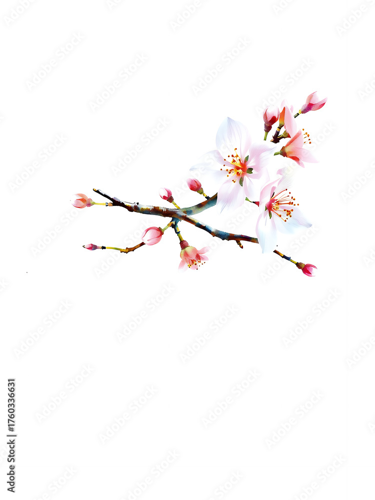 Fototapeta premium Delicate pink cherry blossom branch with white background