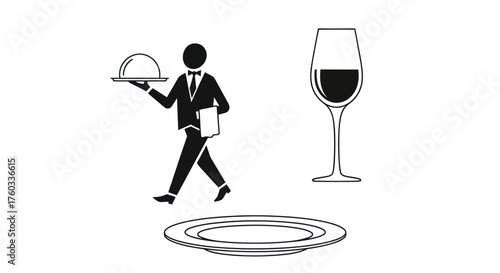 Elegant Restaurant Service Icons: Waiter Wine Glass and Dinner Plate.