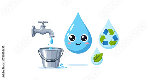 Water Conservation Cartoon: Faucet Bucket and Symbolic Water Drops.