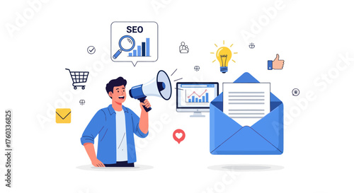 Cartoon Man Announcing Marketing Strategies with Megaphone.