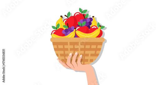 Hand holding a basket filled with fresh fruits.